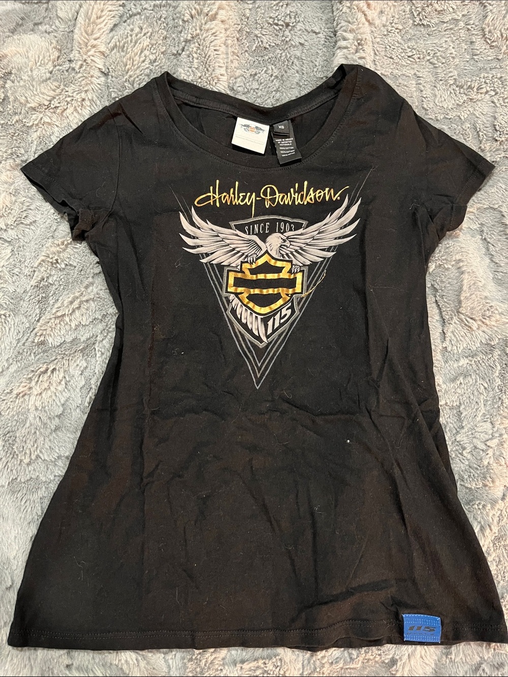 Harley-Davidson Black Tee with Wing Shield Logo and Gold Script